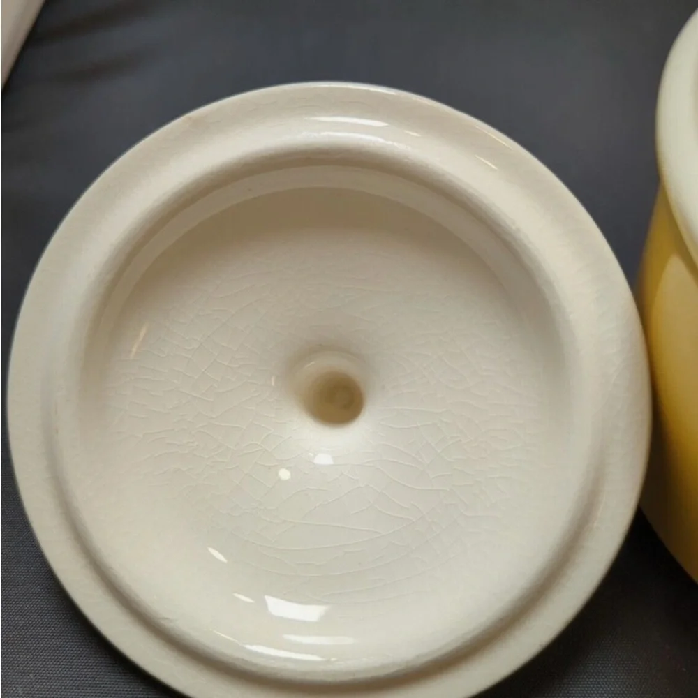 Mid Century USA Yellow and White Creamer and Sugar Bowl w/ Lid Set